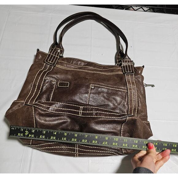 Fossil Brown Y2K leather satchel. M/L. W white stitches. Multiple pockets. Soft‎ - Picture 5 of 14